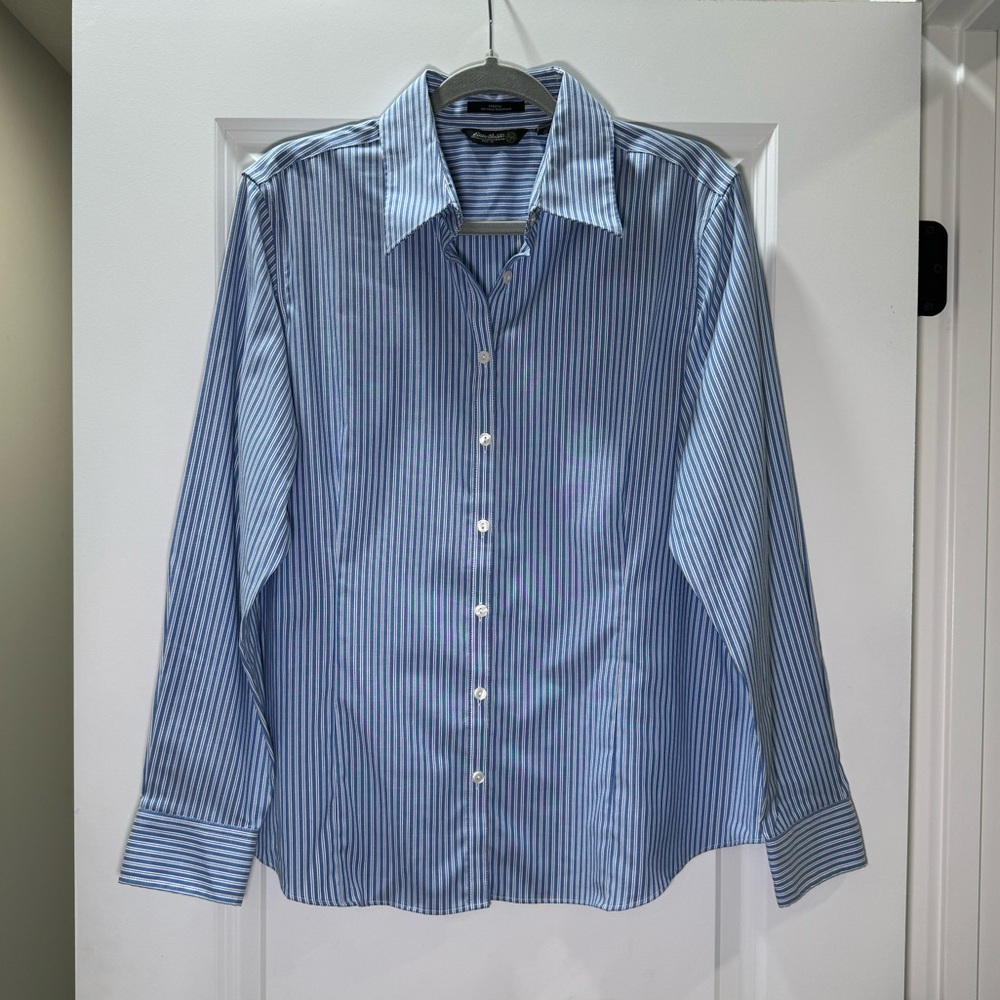 Eddie Bauer Button Up Shirt Women Size XL Blue White Striped Nautical Office Top